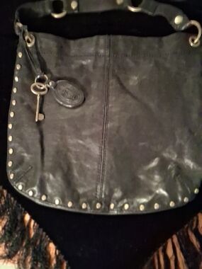 Fossil Black Leather Shoulder Bag with Key Charm and Stud Trim